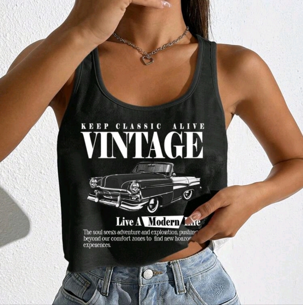 Cropped Tank Vintage Car Graphics